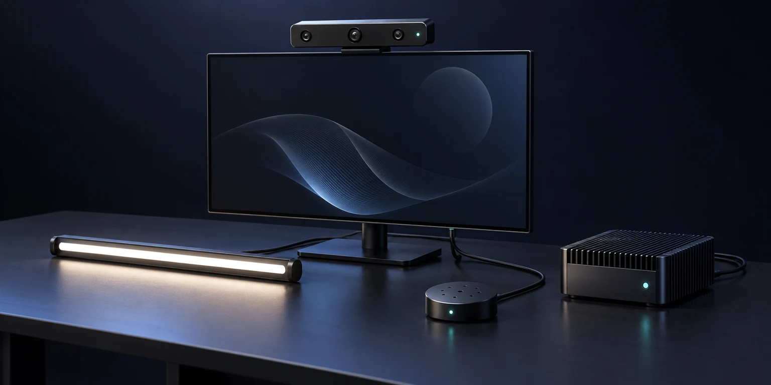 Illustrative capture kit with camera, microphone array, lighting, and an edge computer