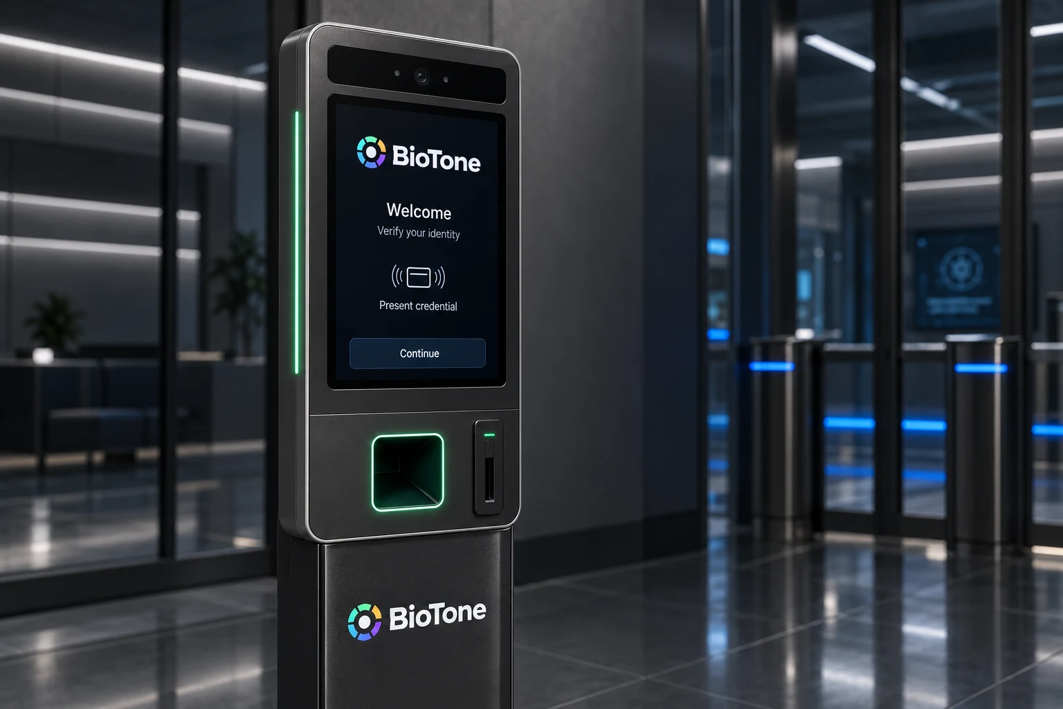 Concept rendering showing the screen and reader layout of a BioTone pedestal terminal