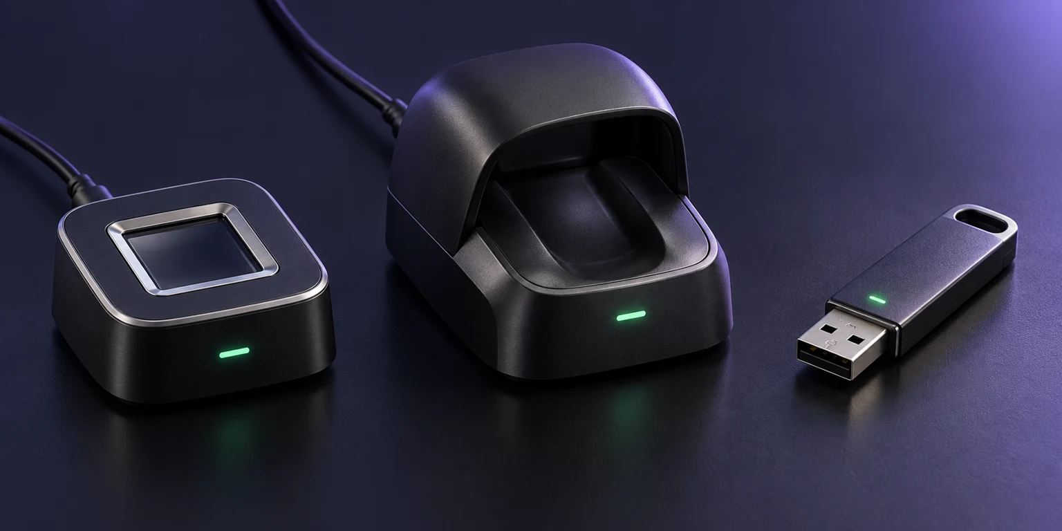 Illustrative wired biometric readers and a USB device